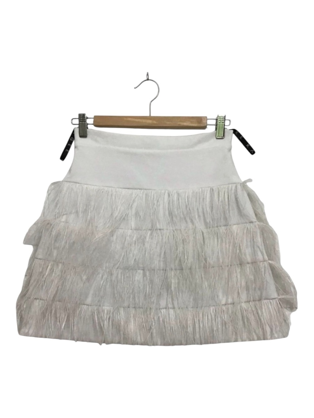 Stunning designer KAREN Gee mini skirt Australian white feathers XS Karengee